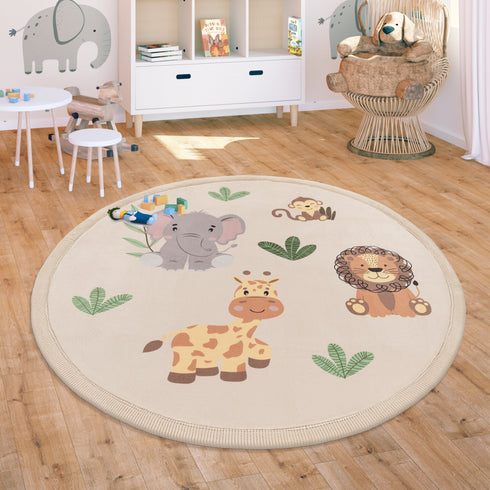 Kurzflor Teppich Polyester| Gemütlicher Flachflor fürs Kinderzimmer | Mehrfarbig Rund