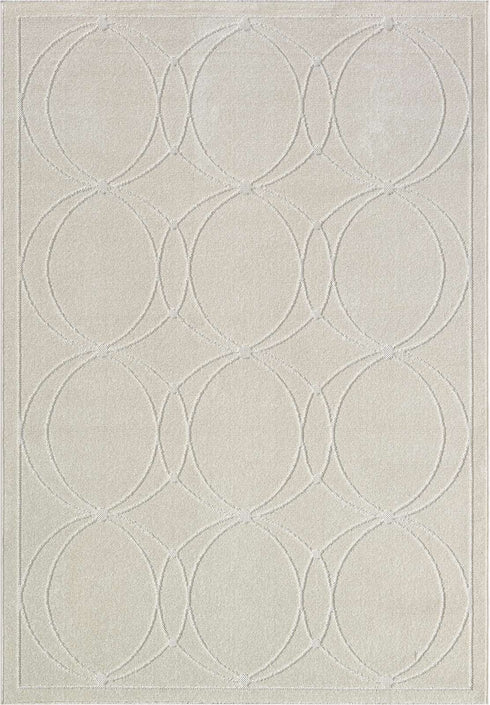 Outdoor Teppich Wetterfest Waschbar im modernen Florentiner Design | Für Drinnen und Draußen | Terrasse Balkon Garten Wohnzimmer Badezimmer Küche | Creme Kreise