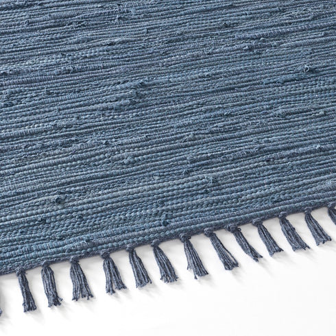 Flicken-Teppich 100% Baumwolle | Waschbarer Fleckerl mit Fransen | Blau