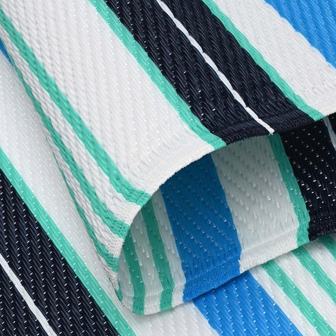 Outdoor Teppich | Für Drinnen und Draußen | Wetterfester Wendeteppich | Leichtgewicht | Blaugrün Streifen