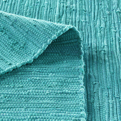 Flicken-Teppich 100% Baumwolle | Waschbarer Fleckerl mit Fransen | Türkis