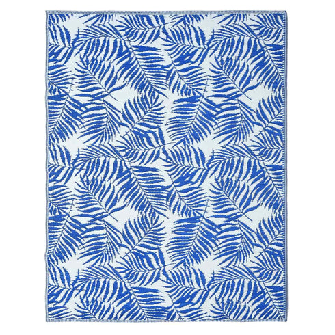 Outdoor Teppich | Für Drinnen und Draußen | Wetterfester Wendeteppich | Leichtgewicht | Blauweiß Palmenblätter