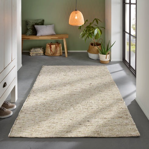 Wollteppich Gewalkt | Reine Schur-Wolle Handweb Teppich mit DUO Schuss | Natur