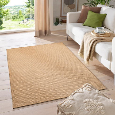 Outdoor Teppich Wetterfest in Sisal Bordüren Optik | Für Drinnen und Draußen | Terrasse Balkon Garten Wohnzimmer Badezimmer Küche | Beige