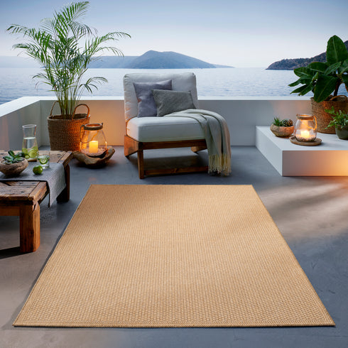 Outdoor Teppich Wetterfest in Sisal Bordüren Optik | Für Drinnen und Draußen | Terrasse Balkon Garten Wohnzimmer Badezimmer Küche | Beige
