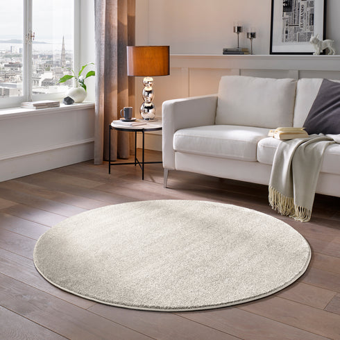 Kurzflor Teppich Designer | Flauschiger Flachflor fürs Wohnzimmer, Esszimmer, Schlafzimmer oder Kinderzimmer | Natur Weiß Rund