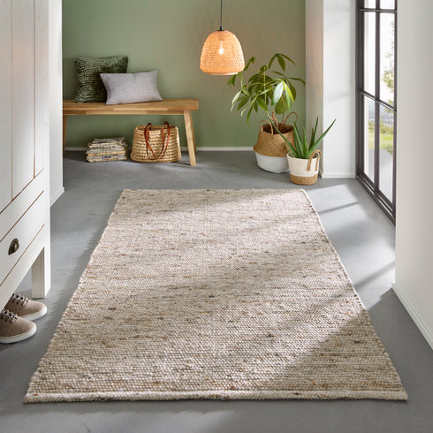 Wollteppich Gewalkt | Reine Schur-Wolle Handweb Teppich im Skandinavischen Design | Sand