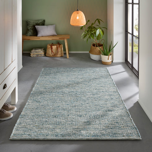 Wollteppich Natur | Reine Schur-Wolle Handweb Teppich im Skandinavischen Design | Grün