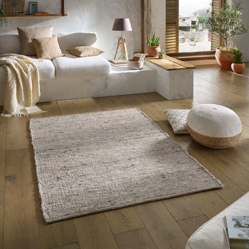 Wollteppich Natur | Reine Schur-Wolle Handweb Teppich im Skandinavischen Design | Grau Meliert