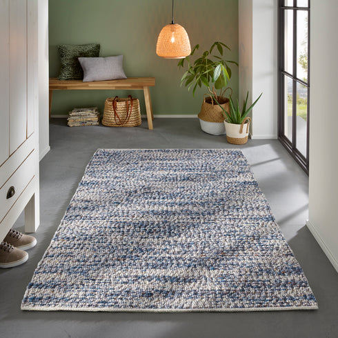 Wollteppich Gewalkt | Reine Schur-Wolle Handweb Teppich mit Schwarzer Kette | Blau