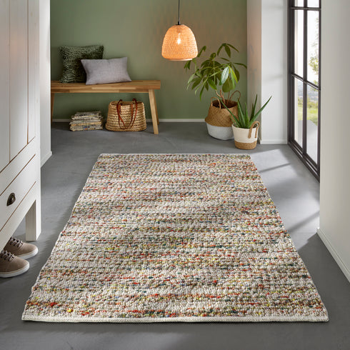 Wollteppich Gewalkt | Reine Schur-Wolle Handweb Teppich mit Schwarzer Kette | Multi