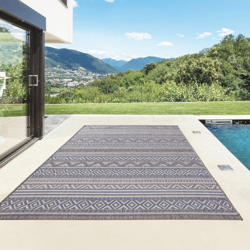 Outdoor Teppich | Für Drinnen und Draußen | Terrasse Balkon Garten Wohnzimmer Badezimmer Küche Flur Läufer | Blau Rund