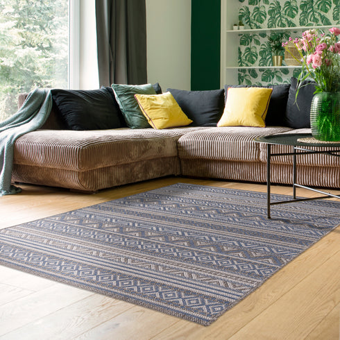 Outdoor Teppich | Für Drinnen und Draußen | Terrasse Balkon Garten Wohnzimmer Badezimmer Küche Flur Läufer | Blau Rund