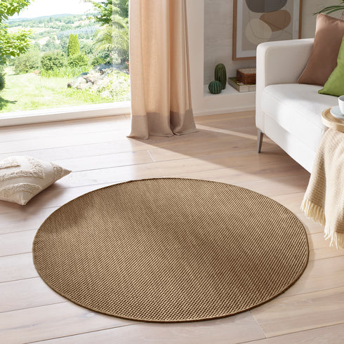 Outdoor Teppich | Für Drinnen und Draußen | Terrasse Balkon Garten Wohnzimmer Badezimmer Küche Flur Läufer | Braun Rund