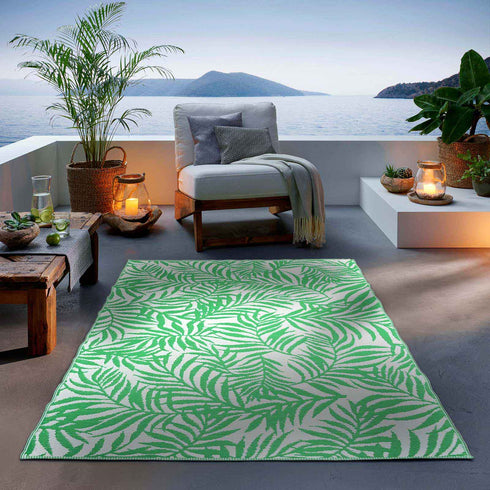 Outdoor Teppich | Für Drinnen und Draußen | Wetterfester Wendeteppich | Leichtgewicht | Hellgrün Palmenblätter