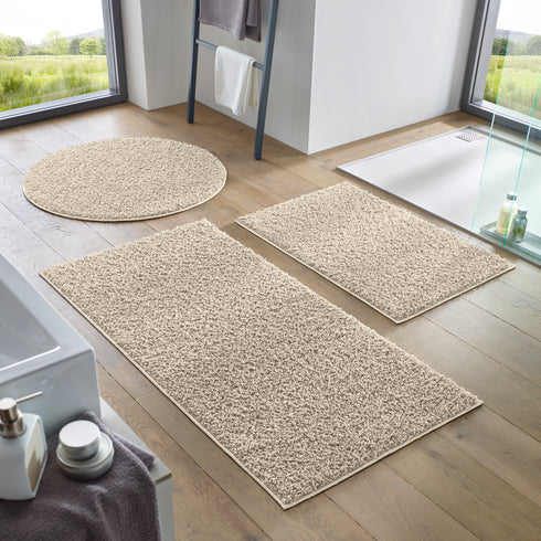 Waschbarer Shaggy | Ideal auch als Badematte | Wohnzimmer Badezimmer Küche Flur Läufer | Creme