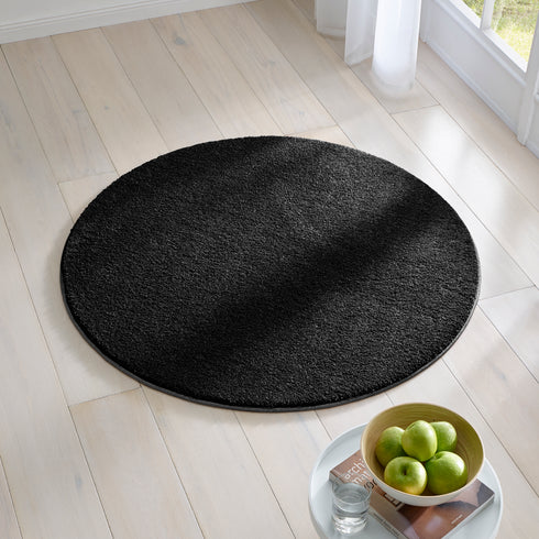 Kurzflor Teppich | Flauschiger Flachflor für Wohnzimmer, Esszimmer, Schlafzimmer oder Kinderzimmer | Schwarz Rund