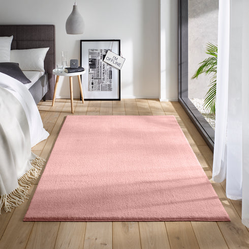 Waschbarer Teppich mit Anti-Rutsch | Flauschiger Flachflor für Badezimmer, Kinderzimmer oder Flur Läufer | Rosa