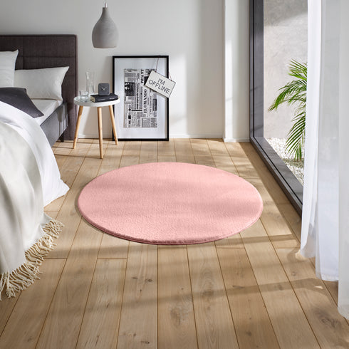 Waschbarer Teppich mit Anti-Rutsch | Flauschiger Flachflor für Badezimmer, Kinderzimmer oder Flur Läufer | Rosa Rund