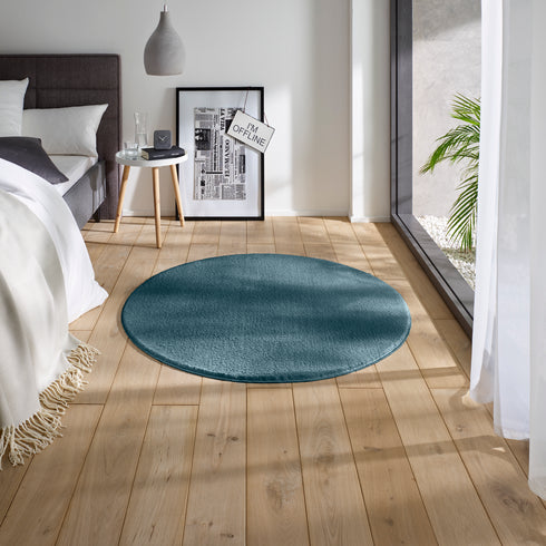 Waschbarer Teppich mit Anti-Rutsch | Flauschiger Flachflor für Badezimmer, Kinderzimmer oder Flur Läufer | Blau Rund