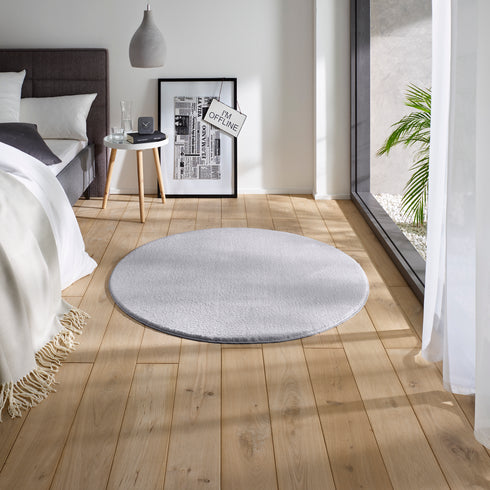 Waschbarer Teppich mit Anti-Rutsch | Flauschiger Flachflor für Badezimmer, Kinderzimmer oder Flur Läufer | Grau Rund