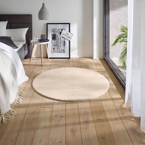 Waschbarer Teppich mit Anti-Rutsch | Flauschiger Flachflor für Badezimmer, Kinderzimmer oder Flur Läufer | Creme Rund