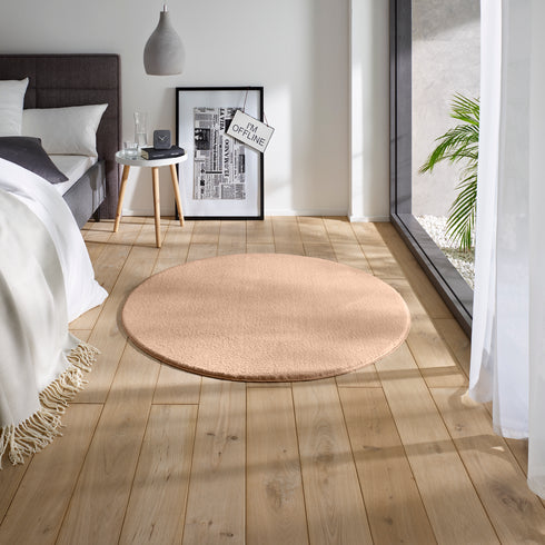 Waschbarer Teppich mit Anti-Rutsch | Flauschiger Flachflor für Badezimmer, Kinderzimmer oder Flur Läufer | Beige Rund
