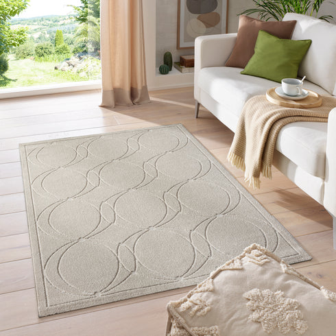 Outdoor Teppich Wetterfest Waschbar im modernen Florentiner Design | Für Drinnen und Draußen | Terrasse Balkon Garten Wohnzimmer Badezimmer Küche | Creme Kreise