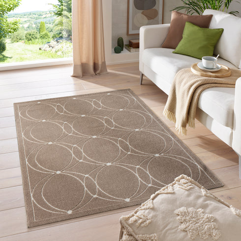 Outdoor Teppich Wetterfest Waschbar im modernen Florentiner Design | Für Drinnen und Draußen | Terrasse Balkon Garten Wohnzimmer Badezimmer Küche | Beige Kreise
