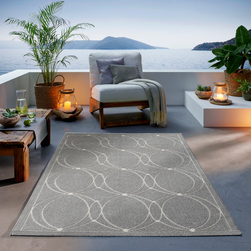 Outdoor Teppich Wetterfest Waschbar im modernen Florentiner Design | Für Drinnen und Draußen | Terrasse Balkon Garten Wohnzimmer Badezimmer Küche | Grau Kreise