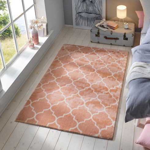 Waschbarer Kurzflor Teppich mit Anti-Rutsch | Flauschiger Flachflor für Badezimmer, Kinderzimmer oder Flur Läufer | Rosa Creme