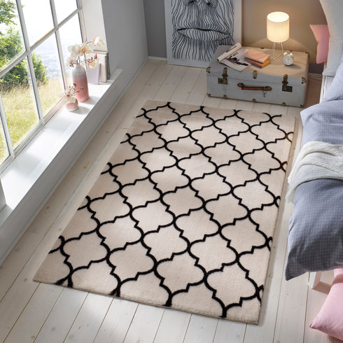 Waschbarer Kurzflor Teppich mit Anti-Rutsch | Flauschiger Flachflor für Badezimmer, Kinderzimmer oder Flur Läufer | Weiß Schwarz