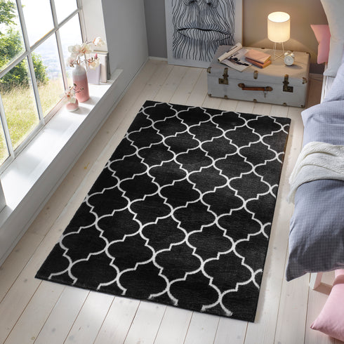 Waschbarer Kurzflor Teppich mit Anti-Rutsch | Flauschiger Flachflor für Badezimmer, Kinderzimmer oder Flur Läufer | Schwarz Weiß