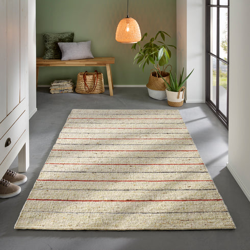 Wollteppich Natur | Reine Schur-Wolle Handweb Teppich gestreift | Rot