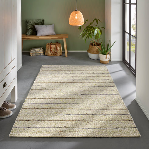 Wollteppich Natur | Reine Schur-Wolle Handweb Teppich gestreift | Grau