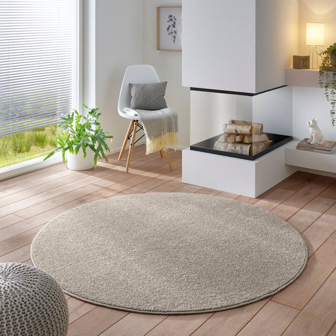 Kurzflor Teppich Designer | Flauschiger Flachflor fürs Wohnzimmer, Esszimmer, Schlafzimmer oder Kinderzimmer | Creme Rund