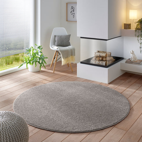 Kurzflor Teppich Designer | Flauschiger Flachflor fürs Wohnzimmer, Esszimmer, Schlafzimmer oder Kinderzimmer | Grau Rund
