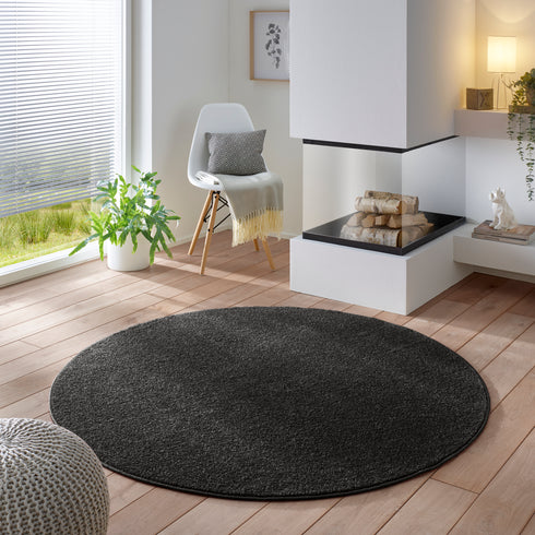 Kurzflor Teppich Designer | Flauschiger Flachflor fürs Wohnzimmer, Esszimmer, Schlafzimmer oder Kinderzimmer | Anthrazit Rund