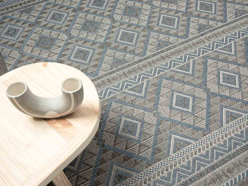 Outdoor Teppich | Für Drinnen und Draußen | Terrasse Balkon Garten Wohnzimmer Badezimmer Küche Flur Läufer | Blau Rund