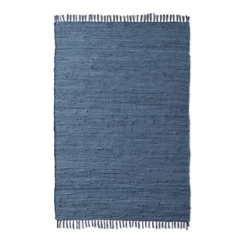 Flicken-Teppich 100% Baumwolle | Waschbarer Fleckerl mit Fransen | Blau