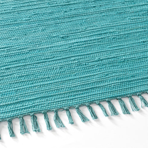 Flicken-Teppich 100% Baumwolle | Waschbarer Fleckerl mit Fransen | Türkis